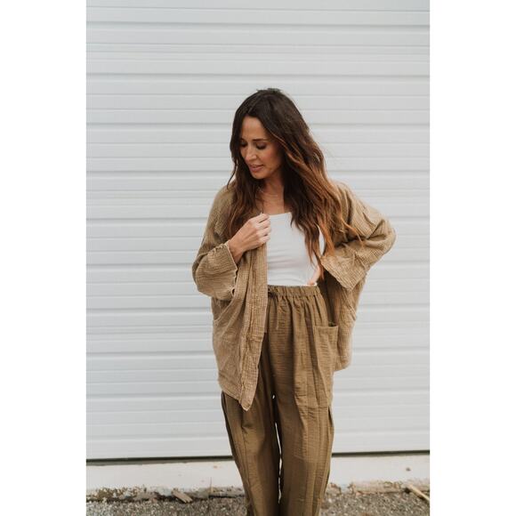 Goldie Lew Sweaters - Goldie Lew Womens size Small Lenny Jacket Crinkle Gauzy Cardigan Lagenlook Tan